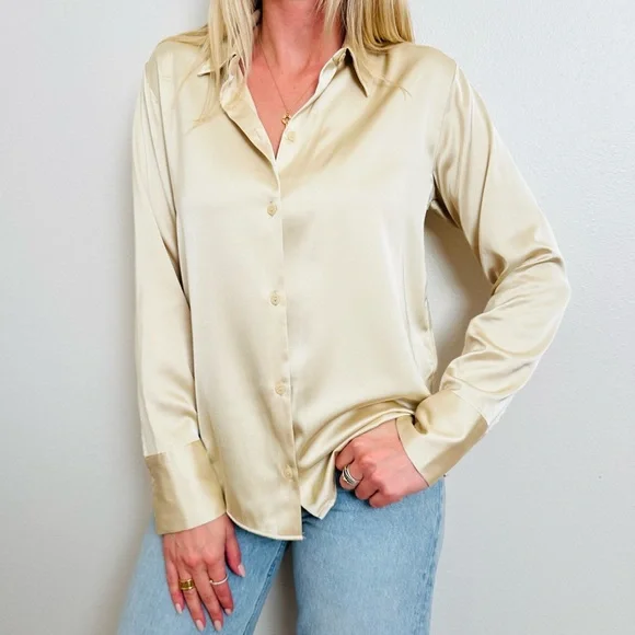 New Abercrombie & Fitch Cream Satin Elegant Long Sleeve Button Down Shirt - Picture 6 of 15
